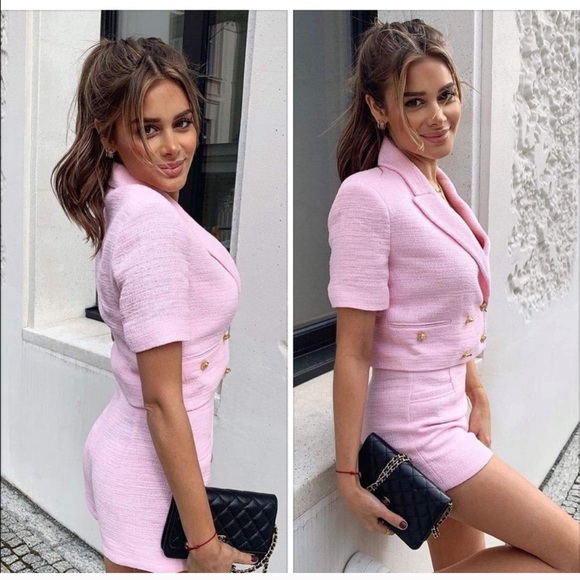 NWT ZARA Crop Top Textured Blazer Pink Gold S - Picture 4 of 9